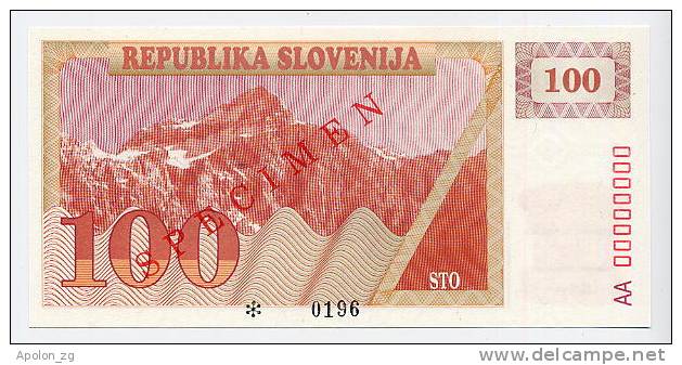 SLOVENIA - SLOWENIEN:  100 Tolarjev 1990 UNC *SPECIMEN*  Official Specimen Note With All AA00000000 Ser. # - Slowenien