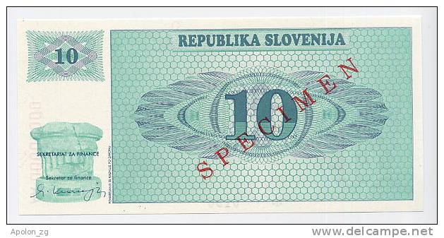 SLOVENIA - SLOWENIEN:  10 Tolarjev 1990 UNC *SPECIMEN*  Official Specimen Note With All AA00000000 Ser. # - Slovenia