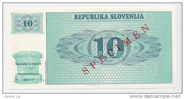 SLOVENIA - SLOWENIEN:  10 Tolarjev 1990 UNC *SPECIMEN*  Official Specimen Note With All AA00000000 Ser. # - Slovénie