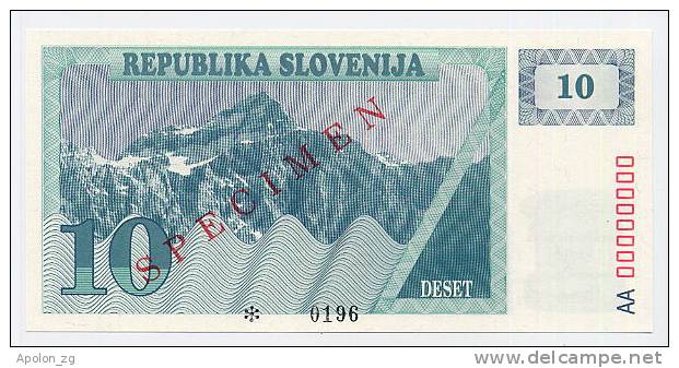 SLOVENIA - SLOWENIEN:  10 Tolarjev 1990 UNC *SPECIMEN*  Official Specimen Note With All AA00000000 Ser. # - Slovenia