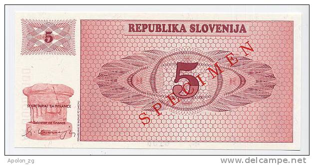 SLOVENIA - SLOWENIEN:  5 Tolarjev 1990  UNC *SPECIMEN*  Official Specimen Note With All AA00000000 Ser. # - Slowenien