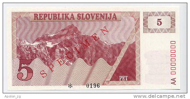 SLOVENIA - SLOWENIEN:  5 Tolarjev 1990  UNC *SPECIMEN*  Official Specimen Note With All AA00000000 Ser. # - Eslovenia