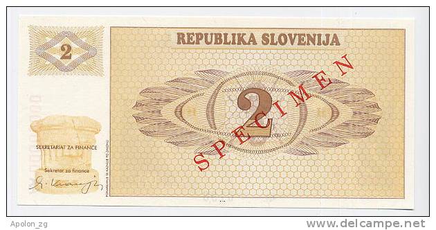 SLOVENIA - SLOWENIEN:  2 Tolarja 1990  UNC *SPECIMEN*  Official Specimen Note With All AA00000000 Ser. # - Slovénie