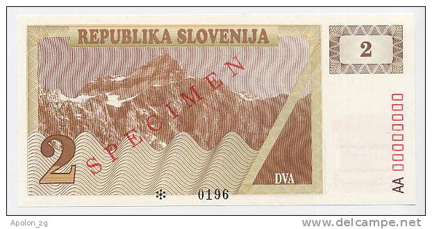 SLOVENIA - SLOWENIEN:  2 Tolarja 1990  UNC *SPECIMEN*  Official Specimen Note With All AA00000000 Ser. # - Slovenia