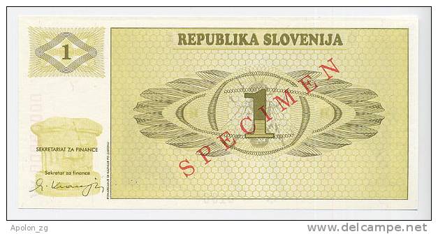 SLOVENIA - SLOWENIEN: 1 Tolar 1990   UNC *SPECIMEN*  Official Specimen Note With All AA00000000 Ser. # - Slowenien