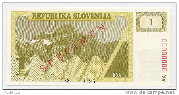 SLOVENIA - SLOWENIEN: 1 Tolar 1990   UNC *SPECIMEN*  Official Specimen Note With All AA00000000 Ser. # - Slovenia