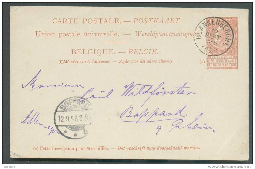 EP Carte 10 Cent. Fine Barbe Obl. Sc BLANKENBERGHE 12 Sept. 1898 Vers Bppand (DE) - 6629 - Postcards 1871-1909