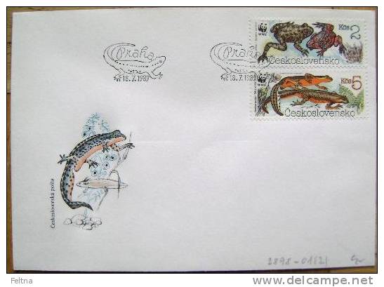 1989 CZECHOSLOVAKIA WWF FDC 2 FROG FROGS - Kikkers