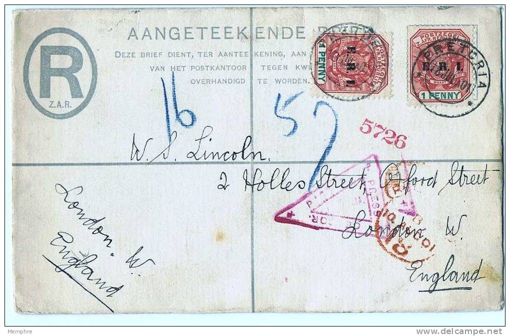 1901  Censored  Registered Letter Overprinted «E.R.I.» Uprated With Stamps Overprinted «E.R.I.» - Transvaal (1870-1909)