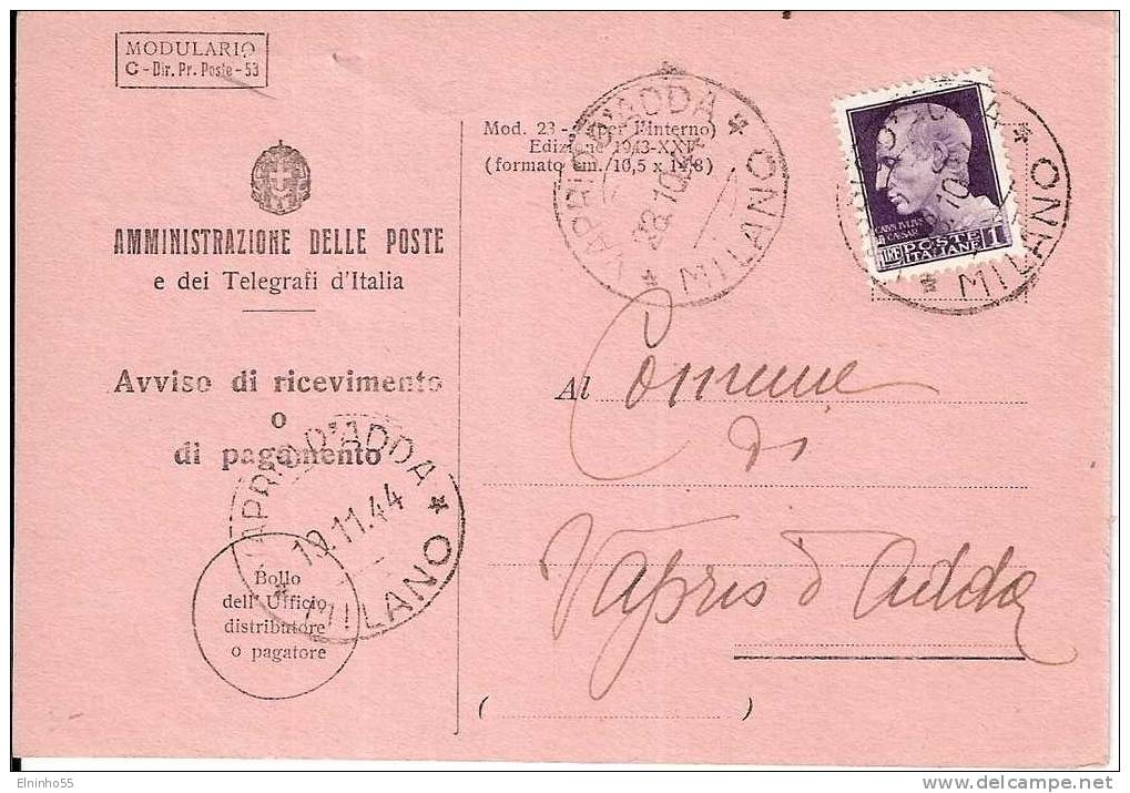 1944 Uso Francobolli Regno - Avviso Ricevimento Da Vaprio D'Adda Per Genova - Marcophilia