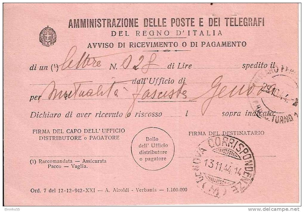1944 Uso Francobolli Regno - Avviso Ricevimento Da Vaprio D'Adda Per Genova - Marcophilia