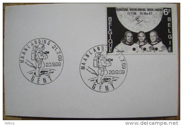 1969 BELGIUM FIRST MOON LANDING STAMP + CANCELATION  ON CARD ARMSTRONG - Europa