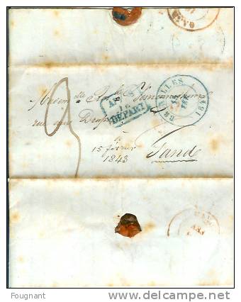 BELGIQUE:PRECURSEUR Bruxelles15-02-1843.Cache T Bleu Départ.cachet Arrivée Verso Gand (rouge).Port 3. - 1830-1849 (Belgique Indépendante)