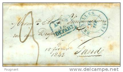 BELGIQUE:PRECURSEUR Bruxelles15-02-1843.Cache T Bleu Départ.cachet Arrivée Verso Gand (rouge).Port 3. - 1830-1849 (Belgica Independiente)