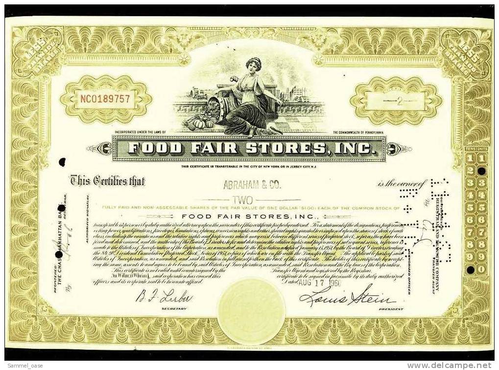 1960  Aktie  Hist. Wertpapier  -  Food Fair Stores , Inc.   -  2 Shares - D - F