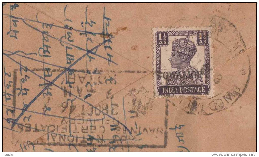 Br India King George VI, Economy Slip, Gwalior State Overprint, Commercial Cover, Slogan Postmark, India As Per The Scan - 1936-47 Roi Georges VI