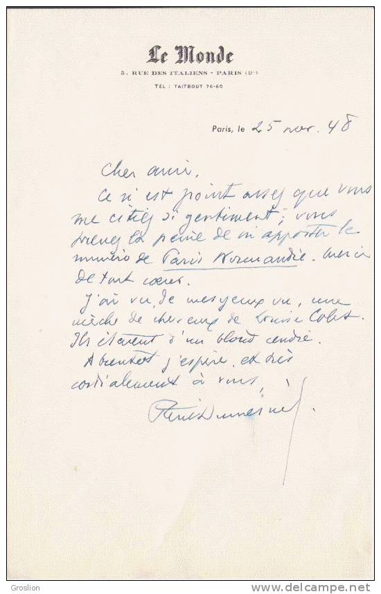 RENE DUMESNIL (ROUEN 1879 PARIS 1967) CRITIQUE MUSICAL ET MUSICOGRAPHE FRANCAIS LETTRE A SIGNATURE 1948 - Autres & Non Classés