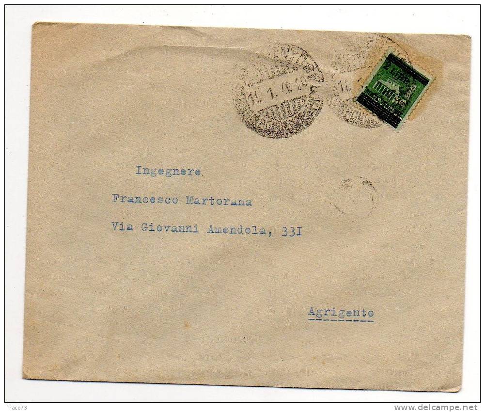 ROMA -  AGRIGENTO   - Cover / Lettera   11.1.1946   -  Monumenti Distrutti Lire 2 Isolato - Marcophilie