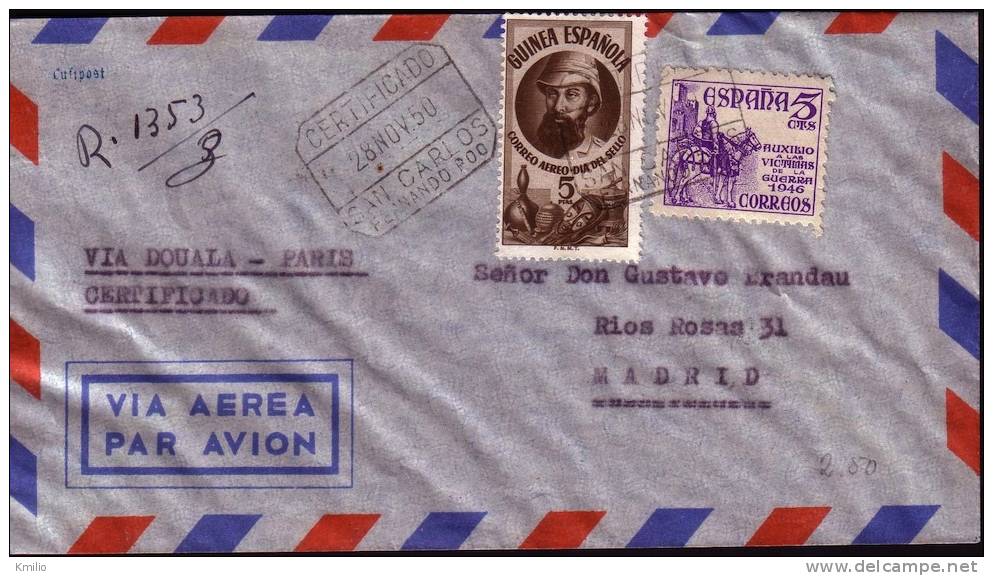 1950. Carta Aérea Certificada De Guinea A Madrid Vía Douala (Camerún) Con Ed 294 Y 1062 - Ifni