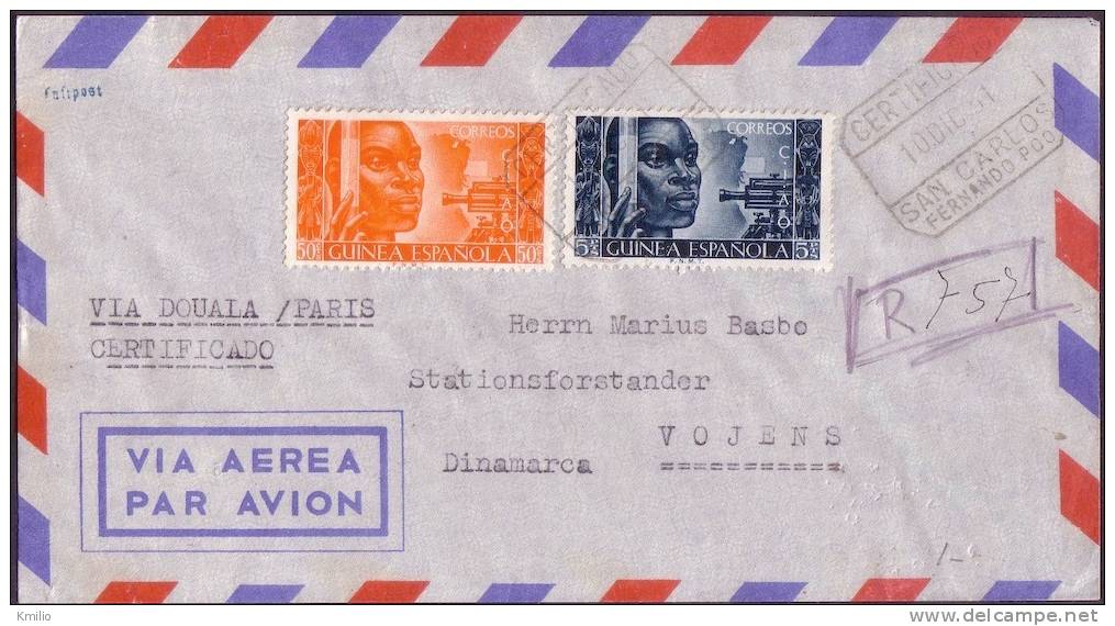 1951. Carta Aérea Certificada De San Carlos A Dinamarca Vía Douala (Camerún) Ed 309-10 - Ifni