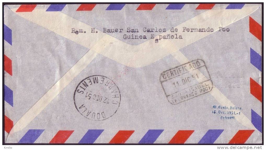 1951. Carta Aérea Certificada De San Carlos A Dinamarca Vía Douala (Camerún) Ed 309-10 - Ifni