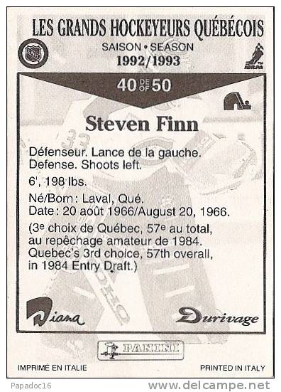 Carte / Card / Karte Hockey Panini - Les Grands Hockeyeurs Québécois 1992-1992 - Steven Finn (Laval) - 1990-1999
