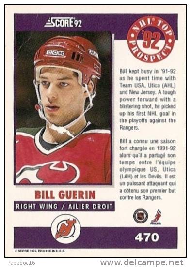 Carte / Card / Karte Hockey - NHL Top 92 - Bill Guerin - New Jersey Devils (n° 470) - [1992] - 1990-1999