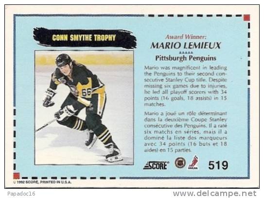 Carte / Card / Karte Hockey - Conn Smythe Trophy - Award Winner : Mario Lemieux - Pittsburgh Penguins (n° 519) - [1992] - 1990-1999