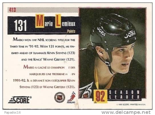 Carte / Card / Karte Hockey - 92 Season Leader : Mario Lemieux - 131 Points (n° 413) - [1992] - 1990-1999