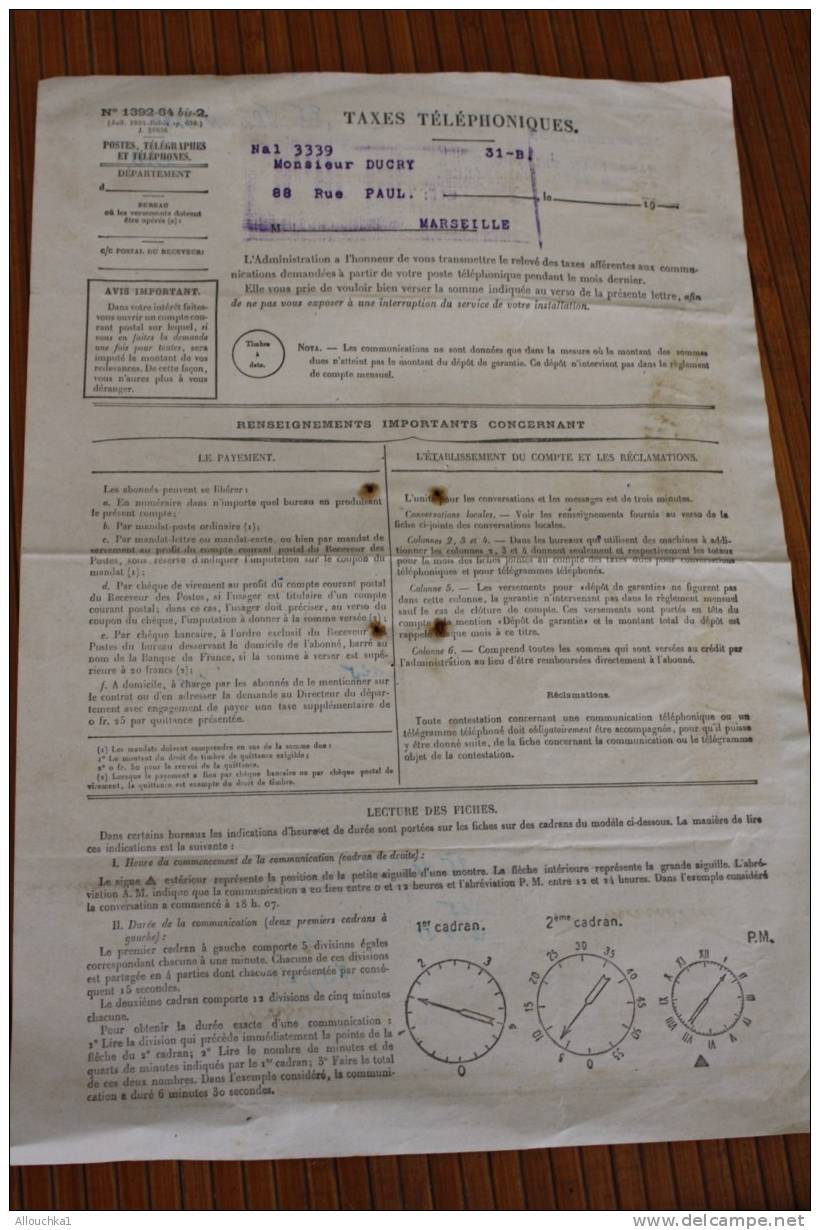 RELEvé TAXE COMMUNICATION TELEPHONE  1935 LETTRE CIVILE FRANCHISE+ FISCAL 50C + PAPIERS DIVERS BRASSERIE Biéres - Telegraph And Telephone