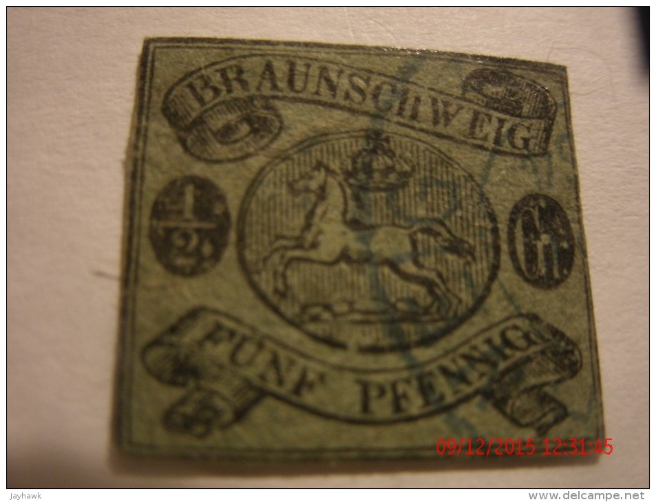 BRUNSWICK, MICHEL 10 OR SCOTT 6, 1 / 2 GR BLACK ON GREEN,  USED(THIN) - Braunschweig