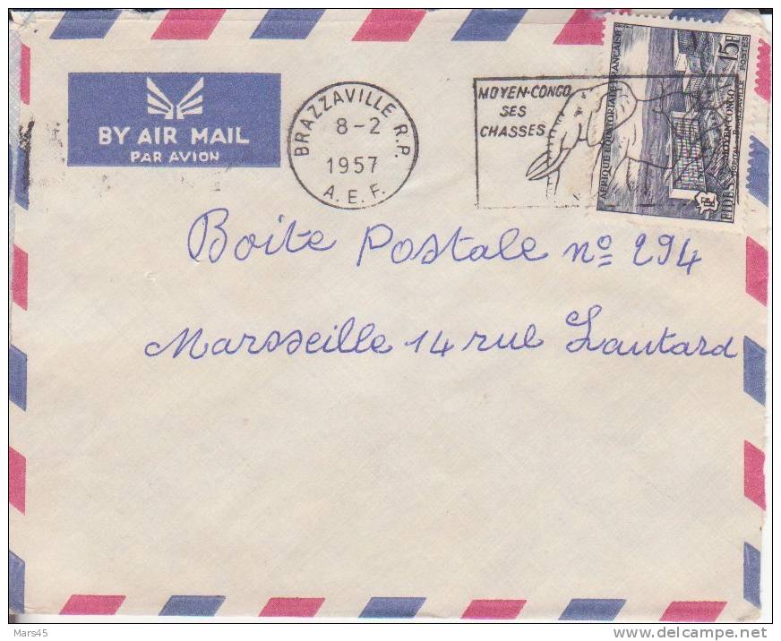 AEF,Congo,Brazzaville Le 8/02/1957 > France,lettre,Colonies,ch Asses,Eléphant,hopital De Brazzaville,15f N°234 - Covers & Documents