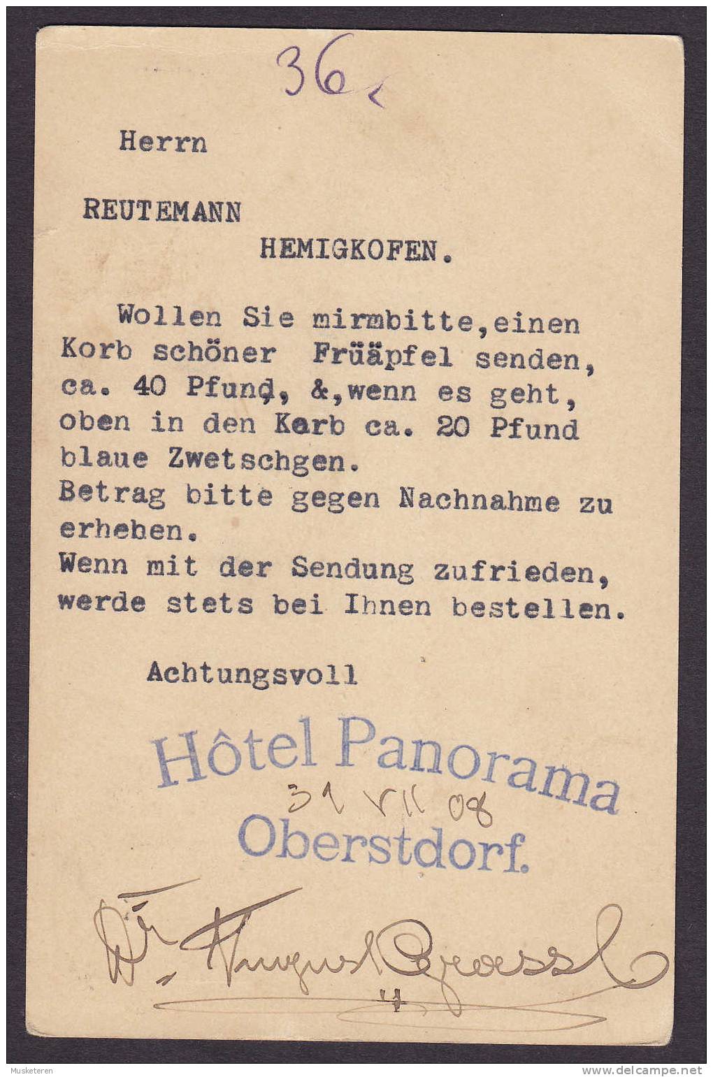 Bayern Postal Stationery Ganzsache Entier 'HÔTEL PANORAMA' Oberstdorf 1908 Obsthandlung HEMIGKOFEN Bei Lindau - Entiers Postaux