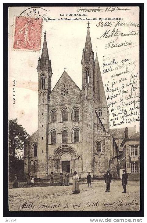 CPA  PRECURSEUR- FRANCE- ST-MARTIN-DE-BOSCHEVILLE (76)-  L'EGLISE ROMANE EN TRES GROS PLAN AVEC BELLE ANIMATION DEVANT- - Saint-Martin-de-Boscherville