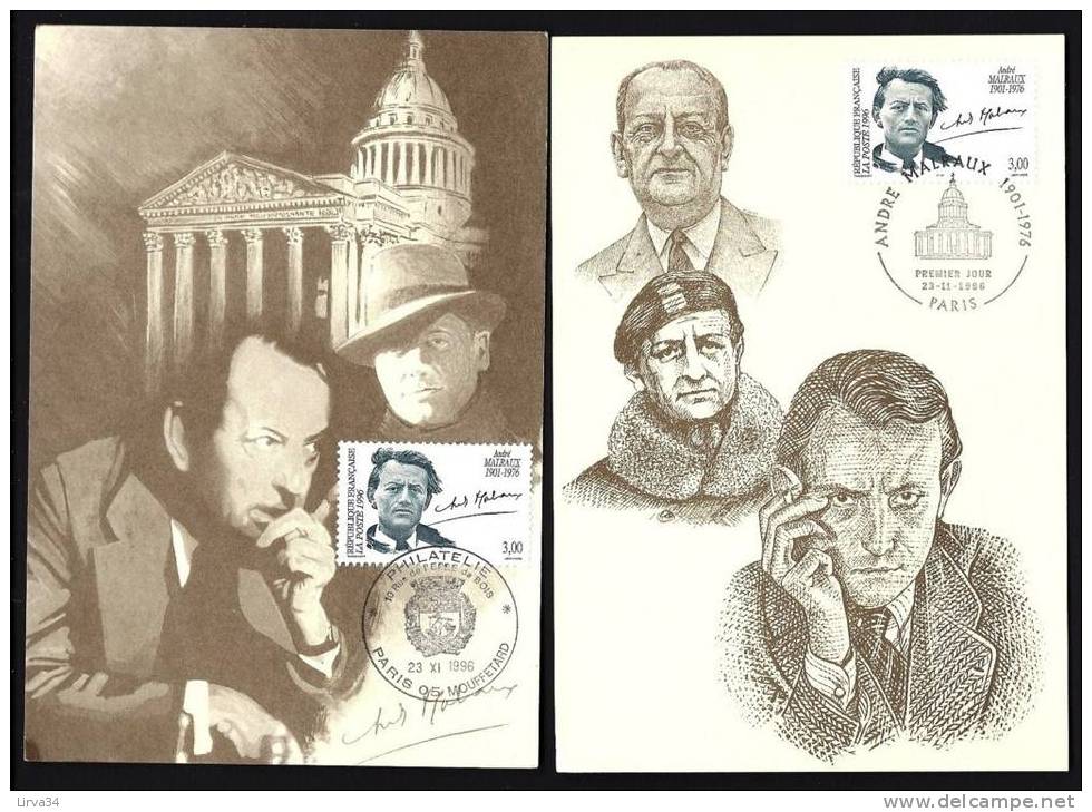 LOT DE 2 CARTES MAXIMUM THEME : ANDRÉ MALRAUX- PORTRAITS : DESSINS ET ILLUSTRATION- CAD  PARIS 23-11-1996- - Verzamelingen & Reeksen