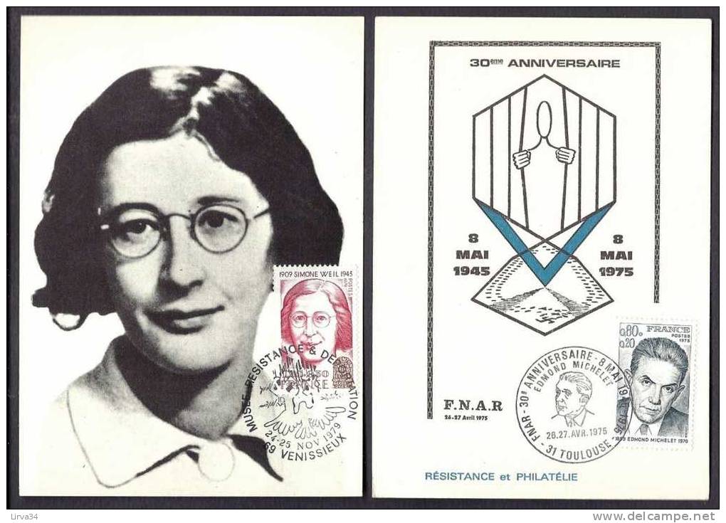 LOT DE 2 CARTES MAXIMUM THEME : RESISTANCE- SIMONE WEIL : CAD DE VENISSIEUX-  N° 222- EDMOND MICHELET CAD DE TOULOUSE - Lots & Serien