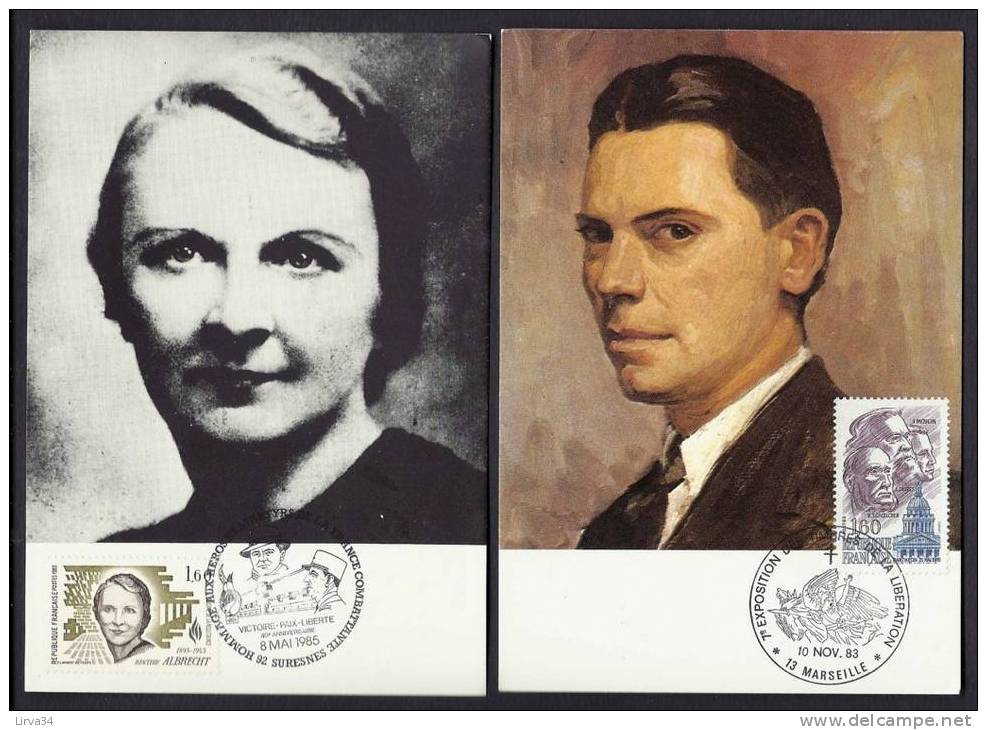 LOT DE 2 CARTES MAXIMUM THEME :  RESISTANCE- BERTHE ALBRECHT ET JEAN MOULIN- CAD SURESNES 8 MAI 85- MARSEILLE 10-11-83 - Verzamelingen & Reeksen