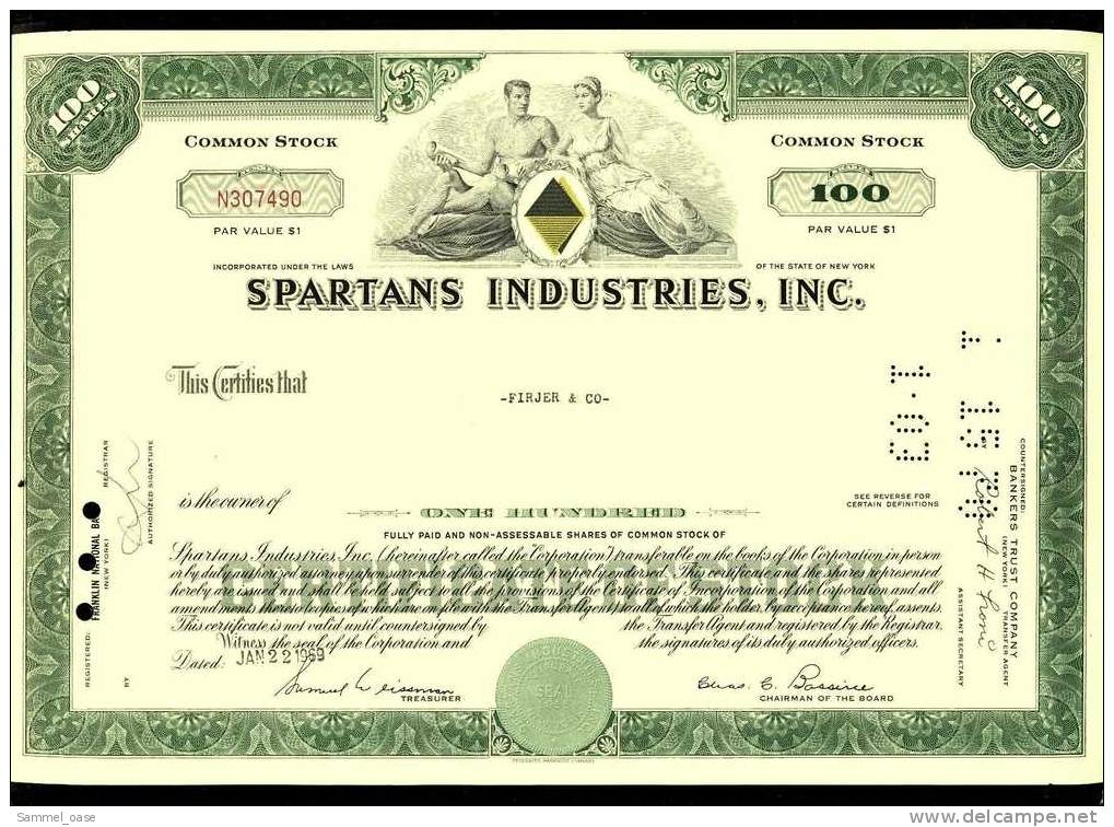 1968  Aktie  Hist. Wertpapier  ,   Spartans Industries , Inc.  -  100 Shares - Industrie