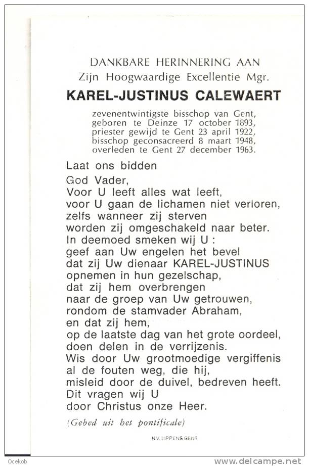 Doodsprentje Bisschop/Eveque  Karel-Justinus Calewaert 1893-1963 Deinze/Gent - Religione & Esoterismo