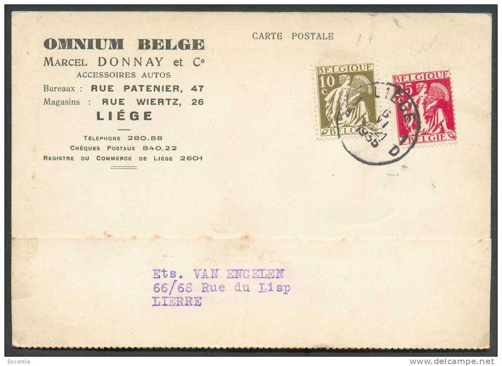 N°337-339 -  10 Centimes Et 25 Centimes Cérès Obl. Sc LIEGE S/Carte (OMNIUM Belge Accessoires Autos) Du 6-V-1935 Vers Li - 1932 Cérès Et Mercure