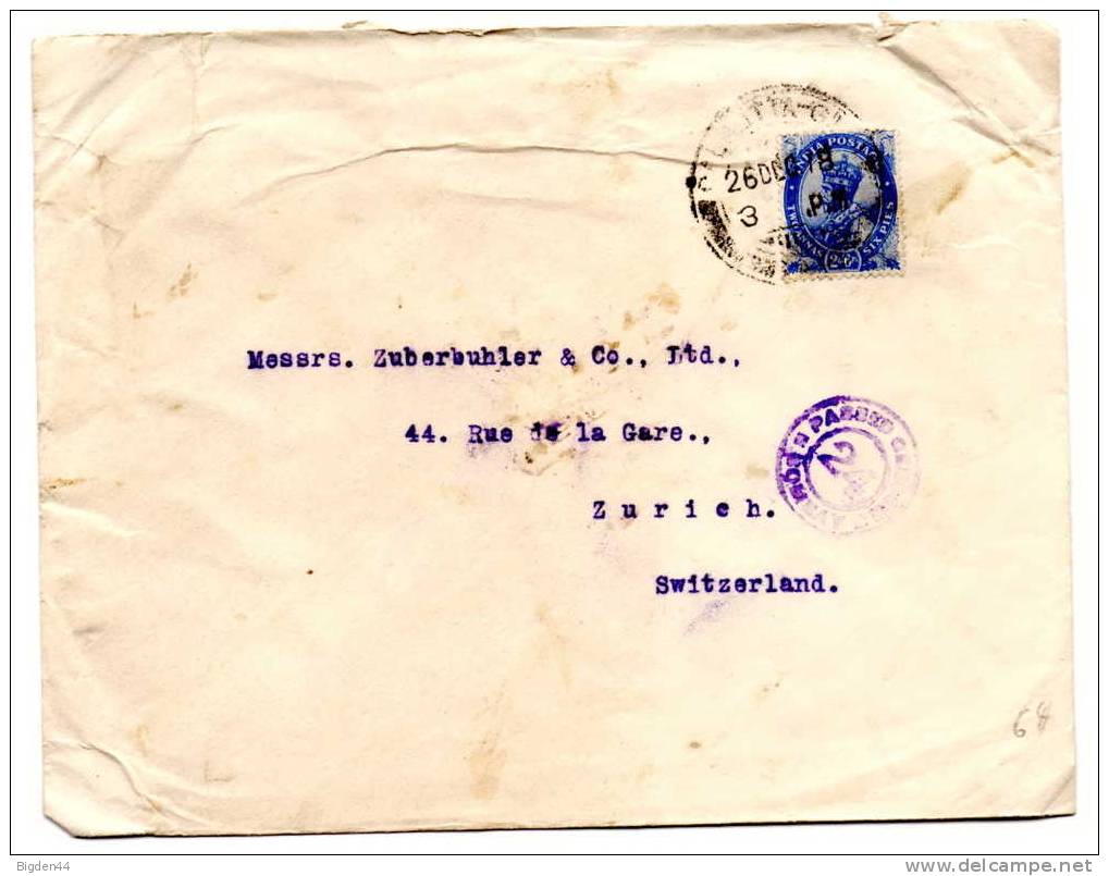 Lettre De Calcutta (26/12/1918) Pour Zurich-Censure Bombay 24 - 1911-35  George V