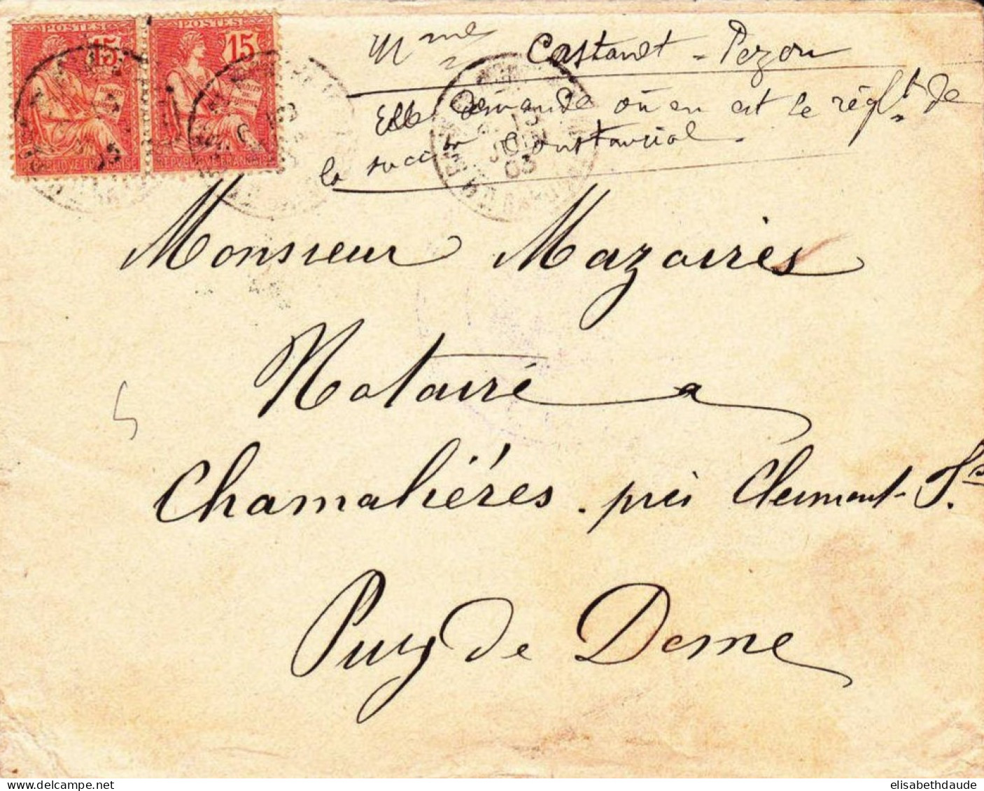 1903 - MOUCHON - YVERT N°125 X2 Sur LETTRE De HAUTE GARONNE - AMBULANT NIMES A CLERMONT C - 1900-02 Mouchon