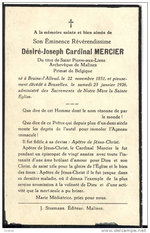 Doodsprentje Archeveque De Malines / Primat De Belgique  Désiré-Joseph Cardinal Mercier 1851-1926 - Religion & Esotérisme