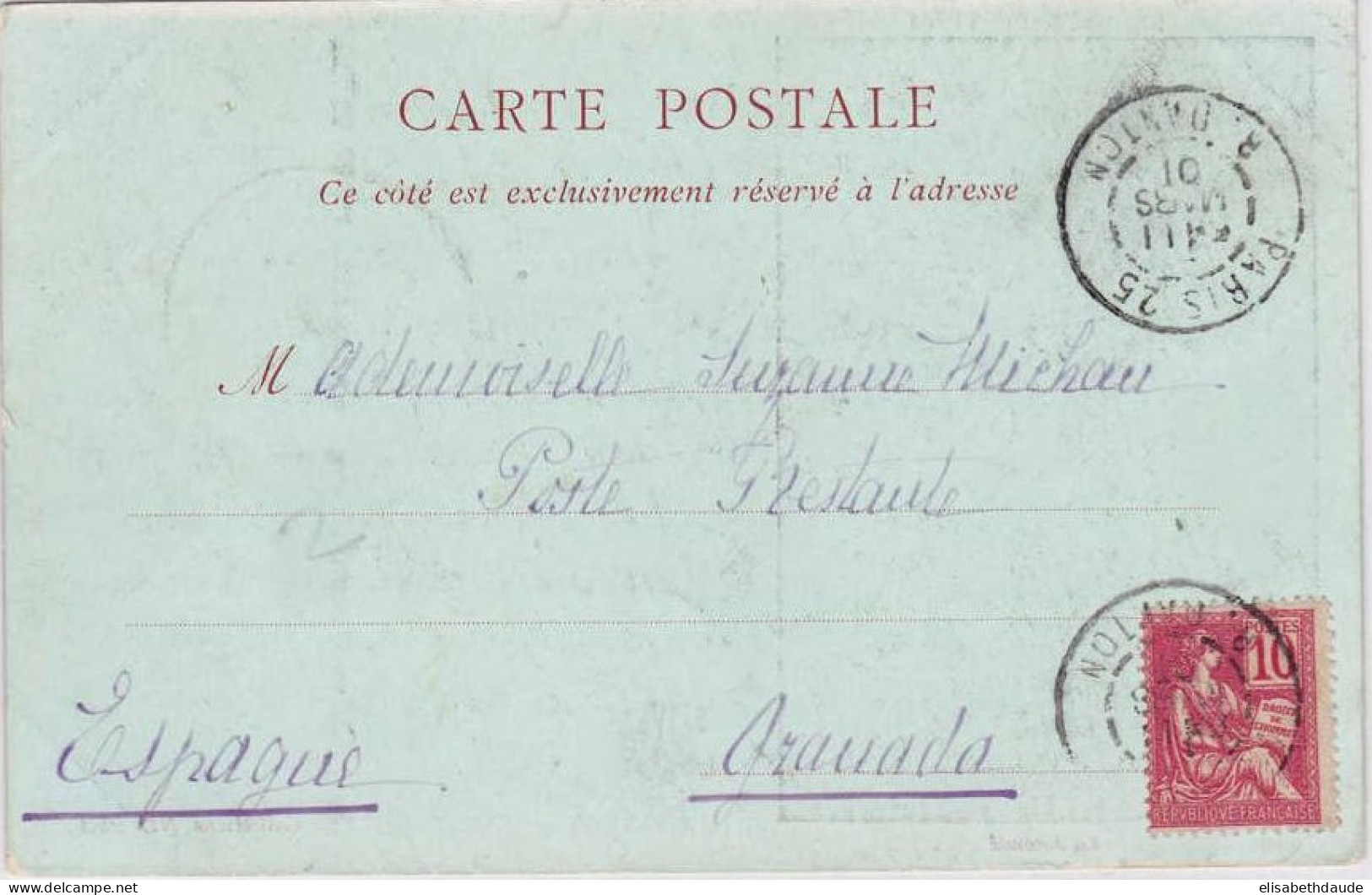 1901 - MOUCHON - YVERT N°112 SEUL Sur CP De PARIS => GRANADA POSTE RESTANTE (ESPAGNE) - COTE DALLAY = 30 EUR. - 1900-02 Mouchon