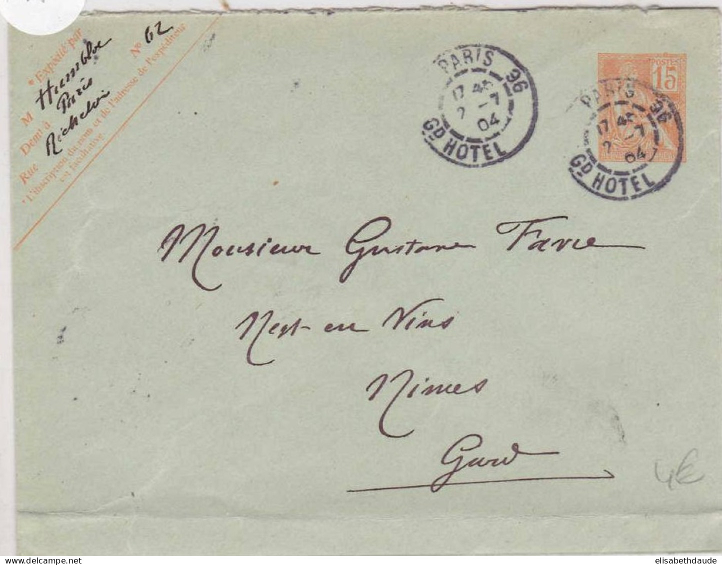 1904 - MOUCHON - ENTIER POSTAL - ENVELOPPE 147x112 De PARIS Pour NIMES - Standard- Und TSC-Briefe (vor 1995)