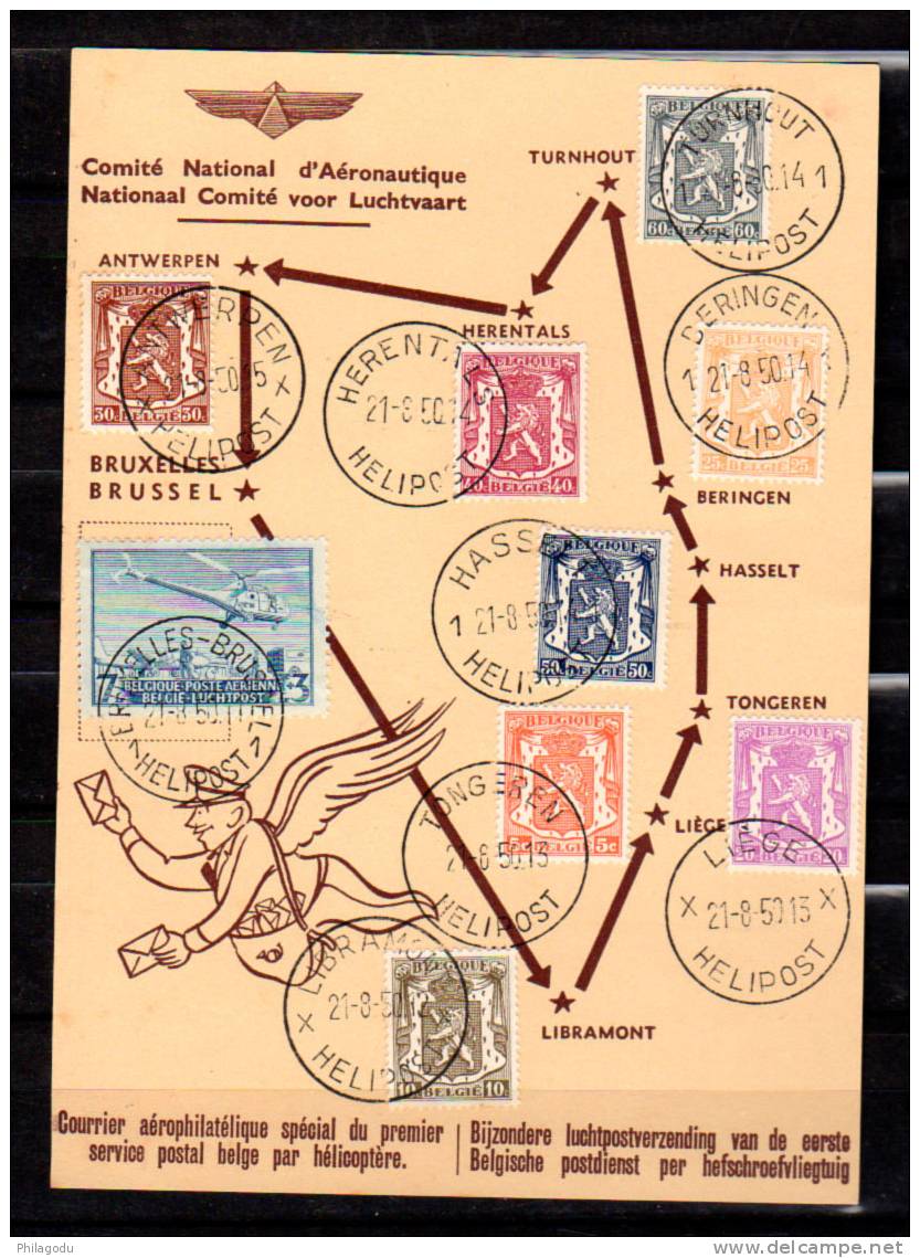 Belgique 1950, Courrier Aérophilatélique 1er Service  Hélicoptère, Feuillet Itinéraire, Cote 45€ - Elicotteri