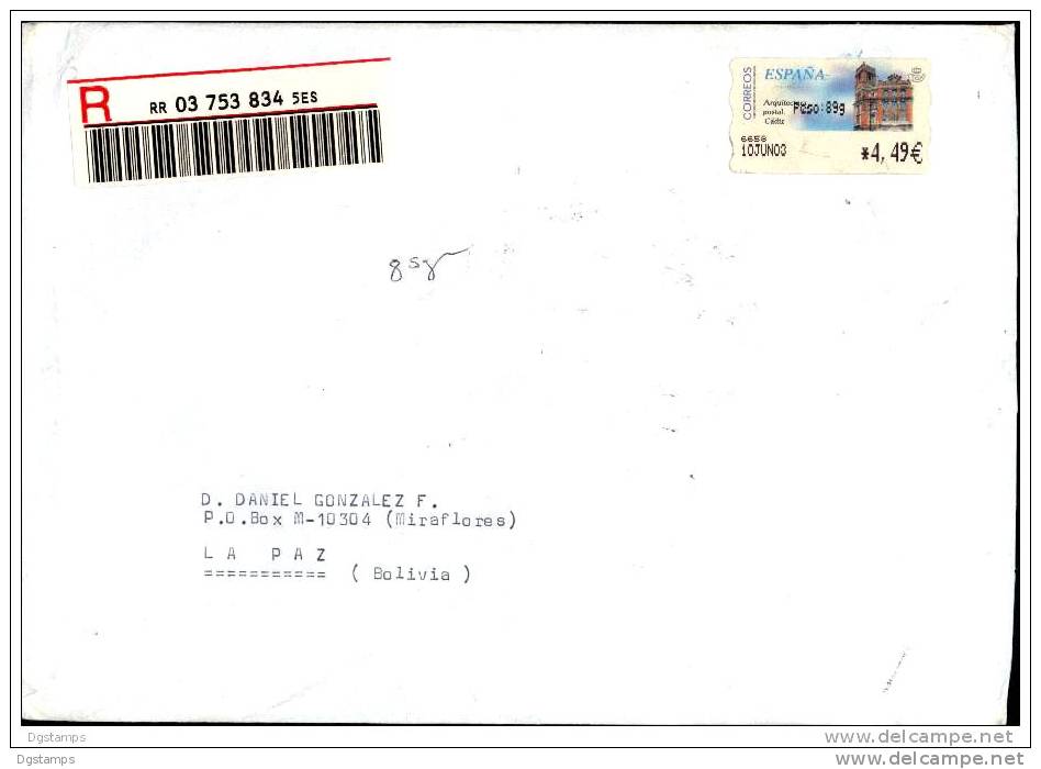 España 2003 ATM Mi88 "Arquitectura Postal - Cádiz" Circulado A Bolivia."Postal Architecture - Cádiz" Circulated To Boliv - Vignette [ATM]