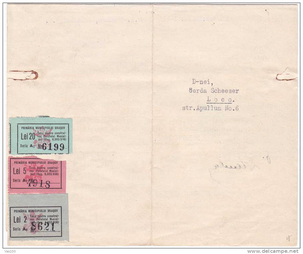 ROMANIA Document 1938 VERY RARE LOCAL POST TAX 2 ; 5 ; 20  LEI  Brasov + 3 REVENUE Stamp - Fiscale Zegels