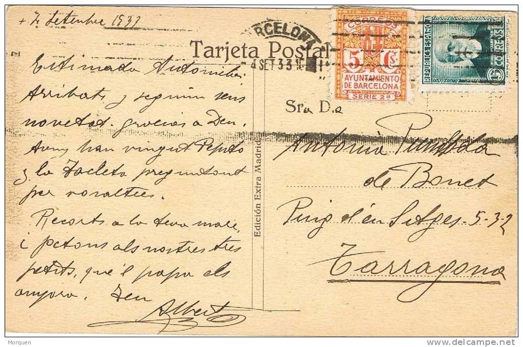 Postal Barcelona 1933. Sello Recargo Exposicion - Barcelone