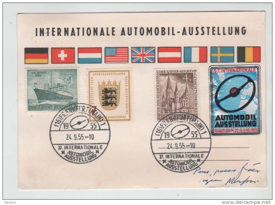 Germany Card Frankfurt 25-9-1955 Sent To Finland CAR Exhibition Frankfurt 22-9 - 2-10-1955 Very Good Stamps Bund And Ber - Covers & Documents